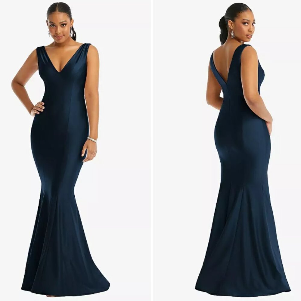 Cynthia & Sahar Midnight Navy Blue Stretch Satin Mermaid Dress Size S CS100‎